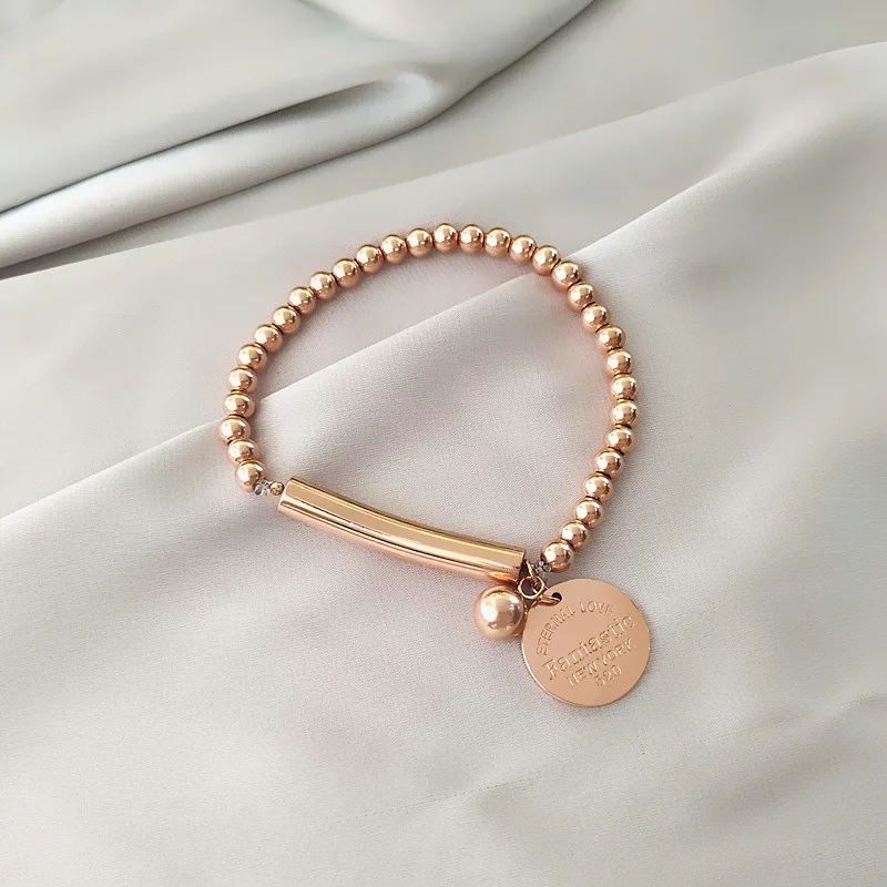 

Stainless Steel Bracelet Women Rose Gold Round Pendant Beads Bracelet Jewelry, Rose gold/stainless steel