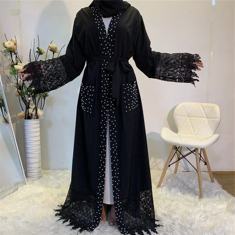 

Fashion woman dubai beaded lace front open abaya muslim dresses