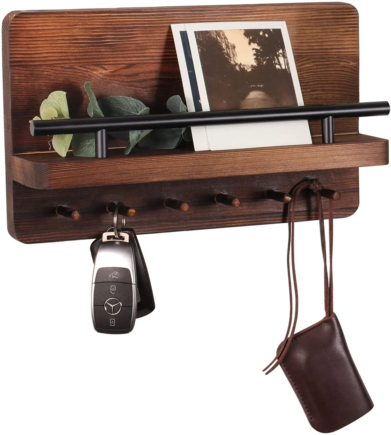 

Wall Mounted Key Holder Mail Holder Mail Sorter Wooden Mail Organizer Entryway Shelf with 6 Hooks Rustic Home Decor for Wall