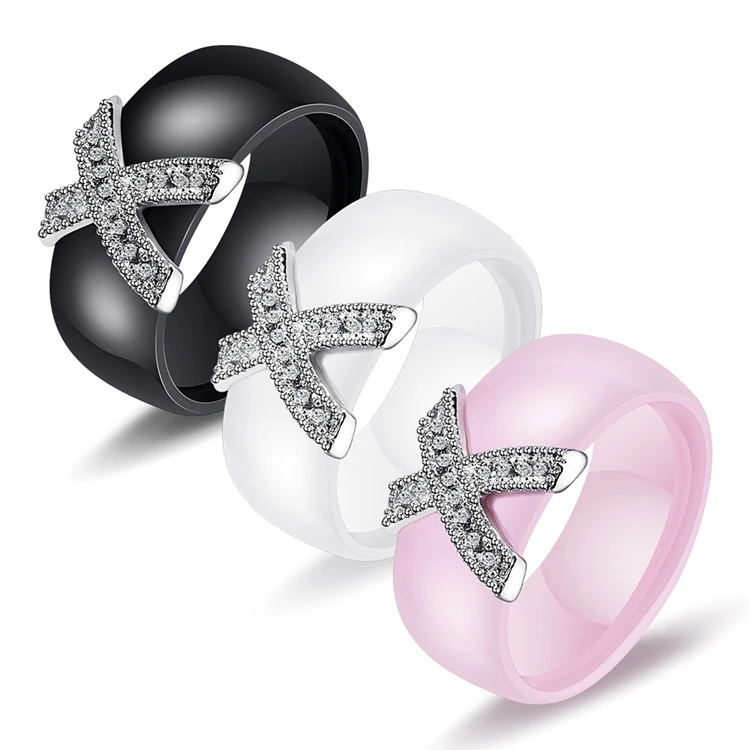 

Fashion Jewelry Women Ring With AAA Crystal 8 mm X Cross Ceramic Rings For Women Wedding Party Accessories Gift Design