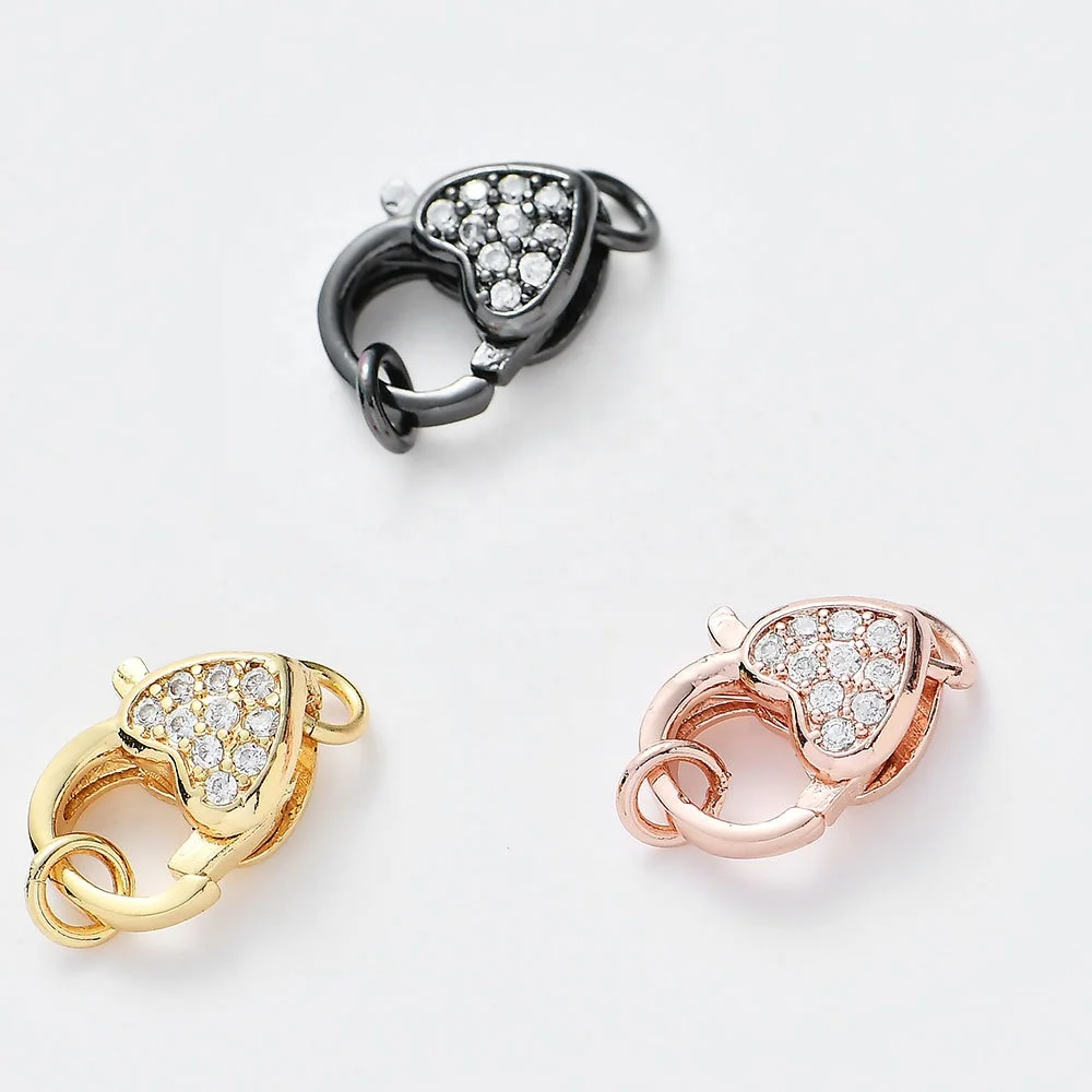 

High Quality Micro Pave CZ Cubic Zirconia Heart Shape Lobster Clasps, Fine Diamond Jewelry Clasps Connector for Women Bracelet