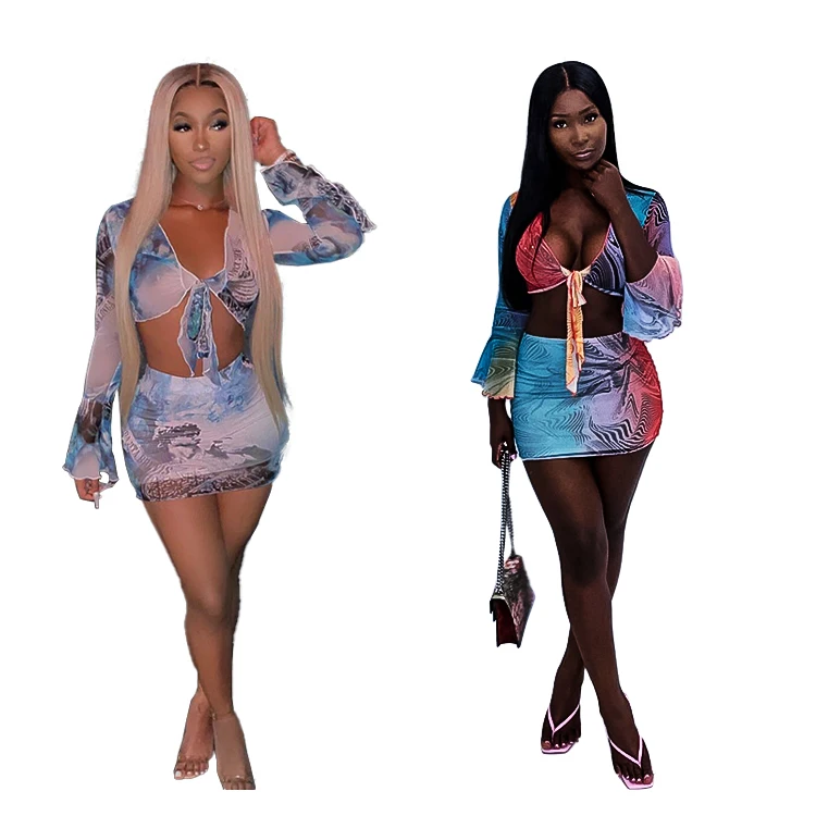 

New print set of long sleeve deep V neck top and high waist skirt 2piece skirt set dress