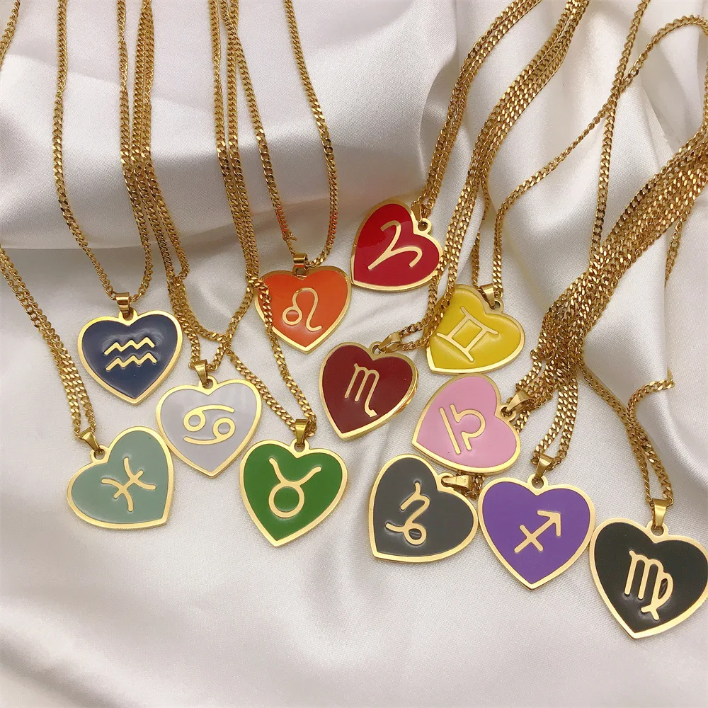 

Creativity Astrology Heart 12 Zodiac Tarot Card Deck Jewelry Colorful Stainless Steel Zodiac Sign Pendant Necklace