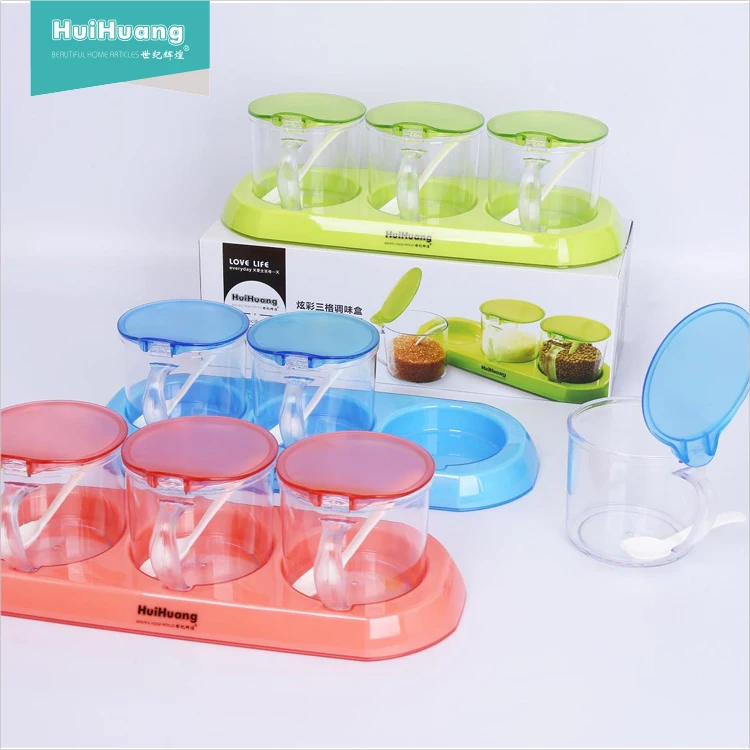 

Good quality home kitchen used 3pcs plastic condiment set ceramic spice set with tray, Transparent