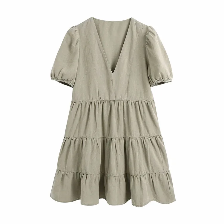 

BMURHMZA 2021 summer new casual women's dress V-neck stitching linen bubble sleeve dress for girls ZA, Picture color