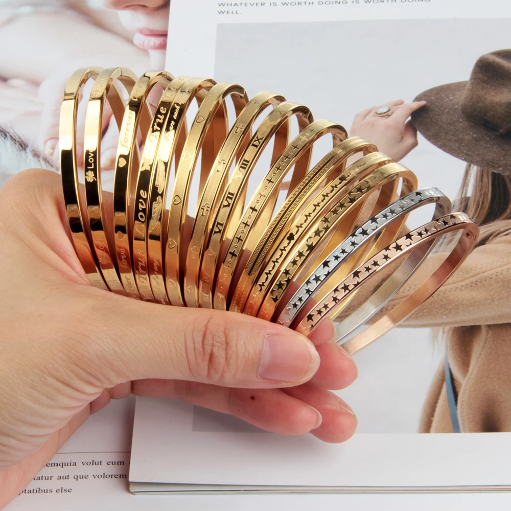 

Exquisitely carved butterfly-feather-star-digital multi-pattern jewelry high-quality golden stainless steel bracelet for women
