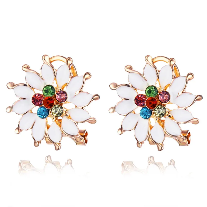 

JUHU New colorful diamond-embedded sunflower shape pearl alloy ear buckle simple earring classic metal alloy jewelry for women, Gold