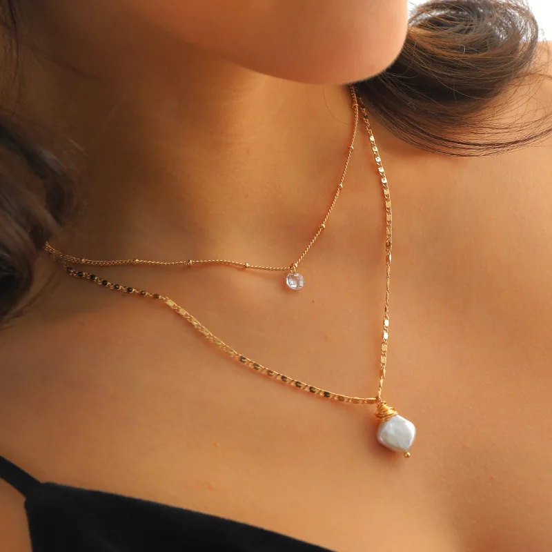 

2020 New Arrival Transparent Zircon Necklace Multilayer Natural Freshwater Baroque Pearl Pendant Necklace, Picture color