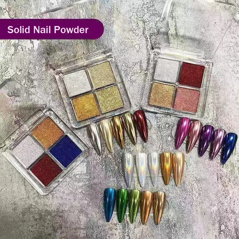

Wholesale 4 Colors Grid Chrome Nail Solid Powder Sliver Gold Magic Mirror Powder Nail Art Kit