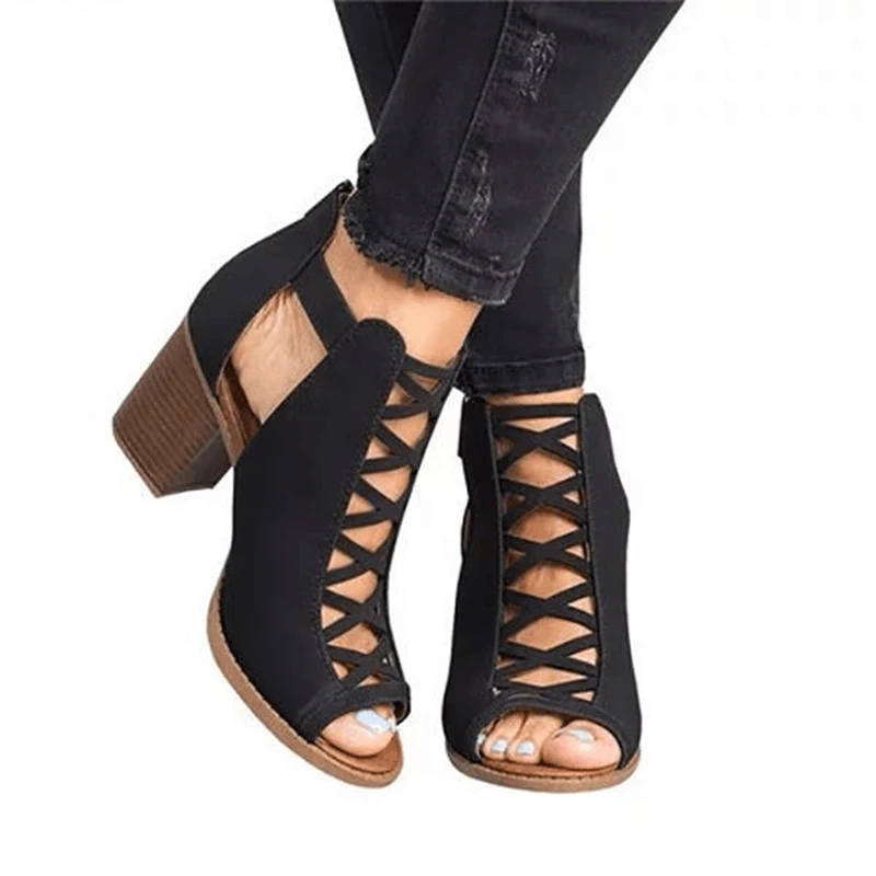 

Summer Shoes Summer Flannel Roman Ankle Buckle Sandal Big Size Square Heel Peep Toe Women shoe, 2 polor