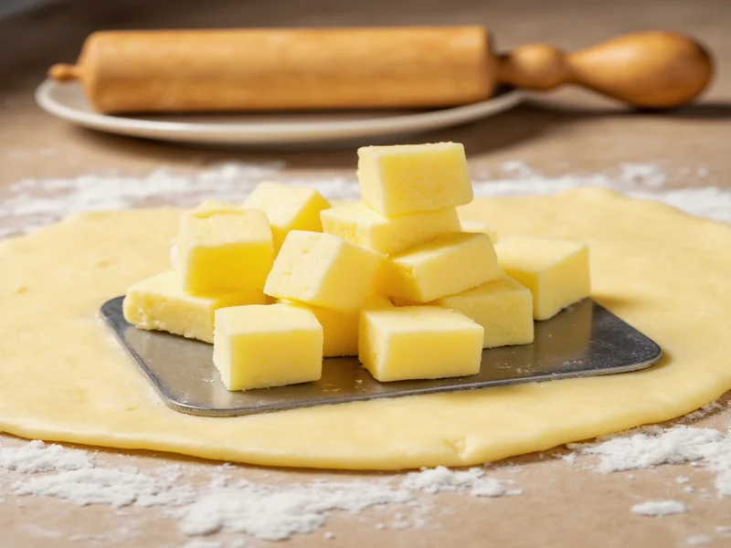Cold butter cubes on pastry cutter for pie crust