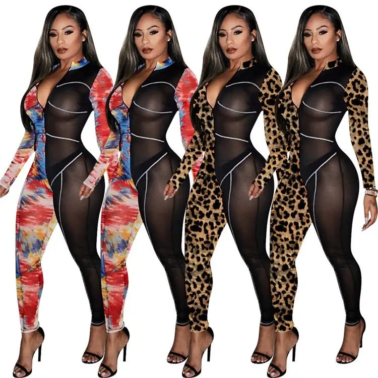 

W8249 2020 autumn women clothing patchwork printed jumpsuit sexy mesh jumpsuits