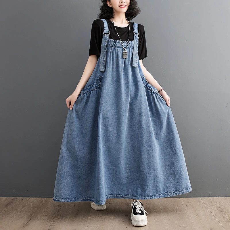 Wholesale 2026 Summer Causal Loose Retro Design Sense Slim Strap Dress Denim Skirt Casual Women's Dress