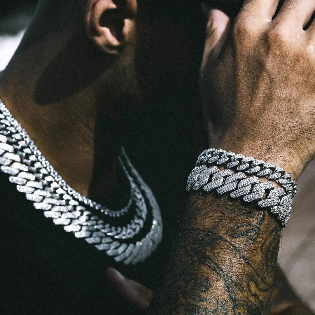 

big heavy Miami cuban bracelet necklace set micro pave cubic zirconia cz 19mm diamond cuban chain hip hop men jewelry, Gold