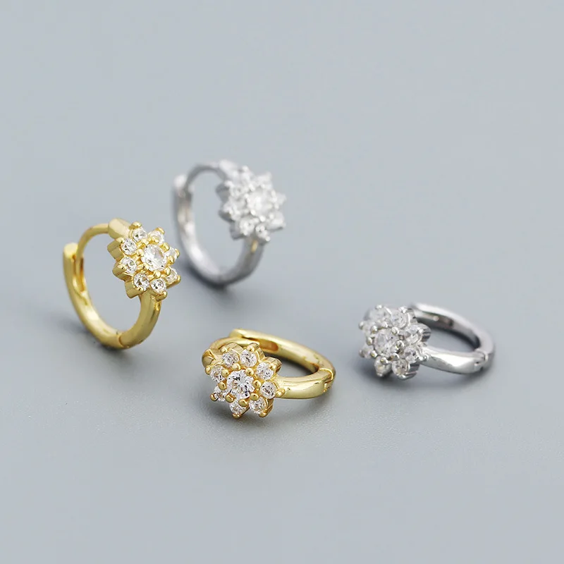Fashion Jewelry 925 Silver Flower Pattern Zircon Earrings Jewelry 18K Gold Plated Sterling Silver Hoop Earrings for Women