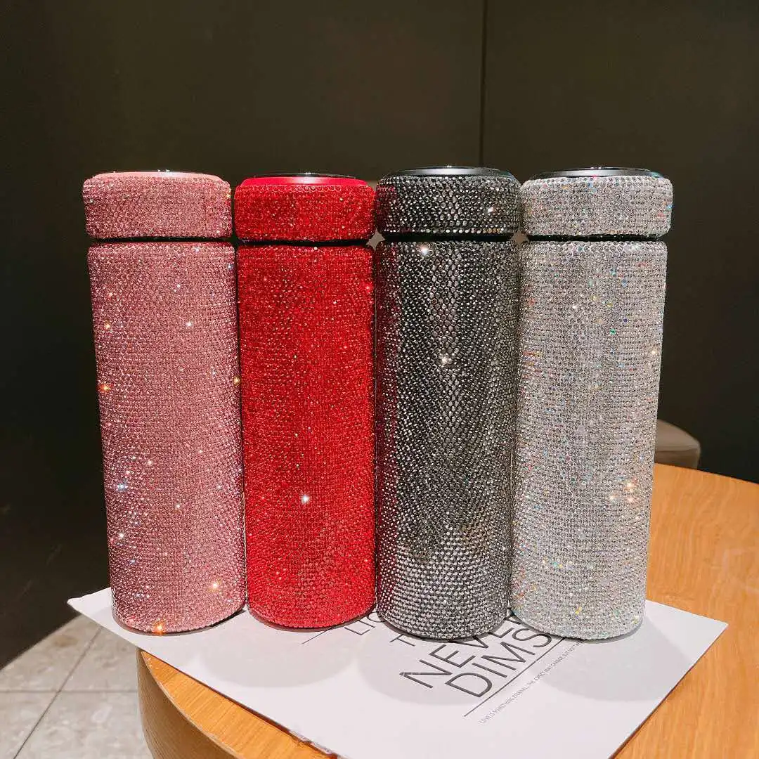 

2021 New Luxury Rhinestone Crystal Stainless Steel Water Bottle tumbler With Temperature Display Lid For Girl Women