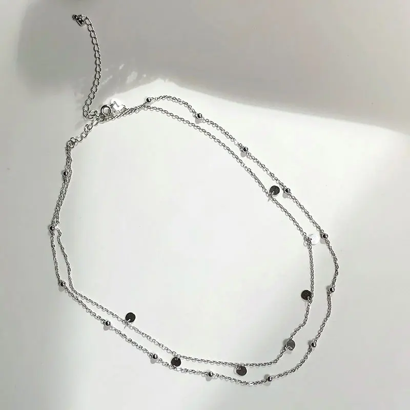 

925 sterling silver material delicate tiny medallion double layer necklace, White gold