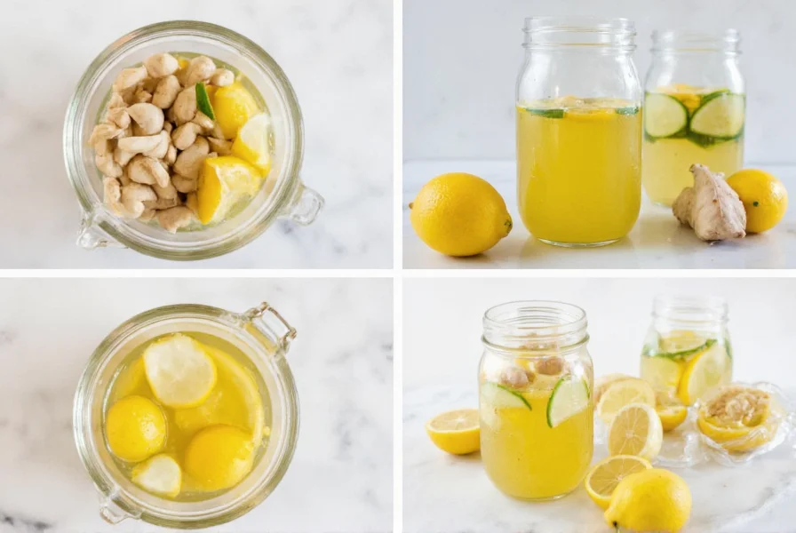 Step-by-step preparation of lemon ginger water in glass jar with fresh ingredients