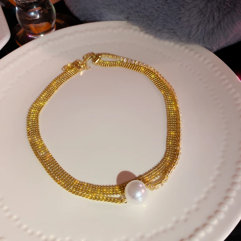 

fashion trendy crystal gold plated necklace pearl