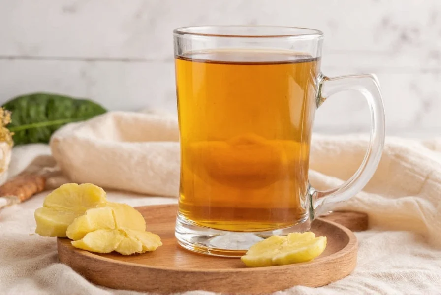 Ginger root slices steeping in warm water for GERD-friendly preparation