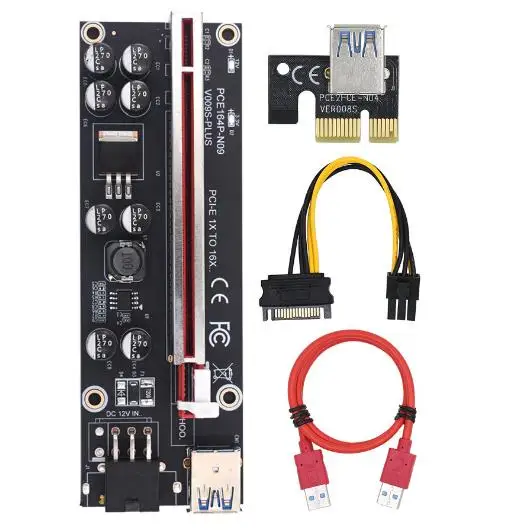 

Dual 6 Pin Molex 4 Pin Black Riser Ver 009s Plus Pci-E Riser 1x 4X 6X 8X 16x Ver009 Plus For Bitcoin Mining With USB 3.0 Cable