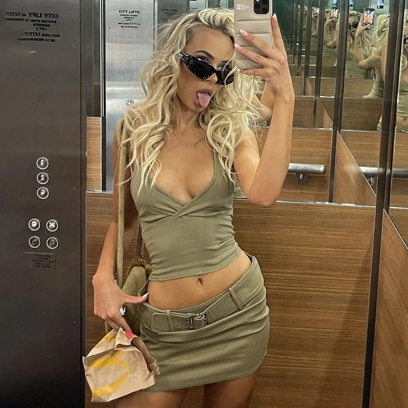 

2022 Women's Casual Dresses Elegant Crop Top Two Piece Skirt Set Sexy Solid Color V Neck Two Piece Summer Dresses