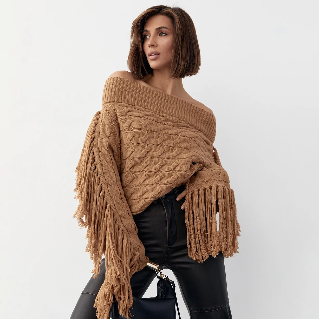 

OUDINA Popular Women's Off Shoulder Sweater Autumn And Winter Tassel Solid Color Slimming Knitted Sweater