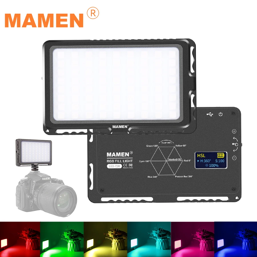 

MAMEN RGB Dimmable 72 Leds Portable LED Video Light On Camera Photo Studio Photography Fill Lighting 4000mAh LED Display Screen