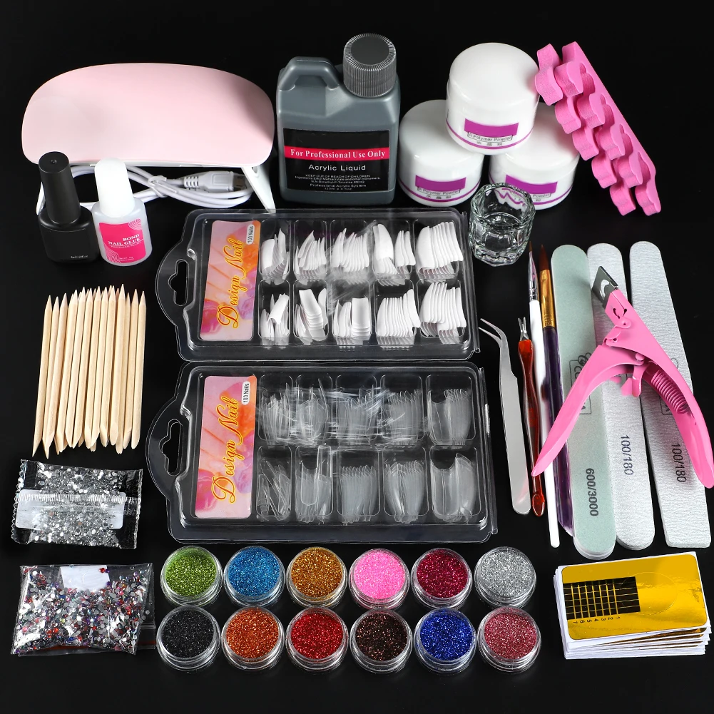 

Private Label Big Set Nail Kit Crystal Acrylic Gel LED UV Gel With Top Coat USB UV Lamp Nail Drill Machine Stainless Tweezer, 1 colors nail kit