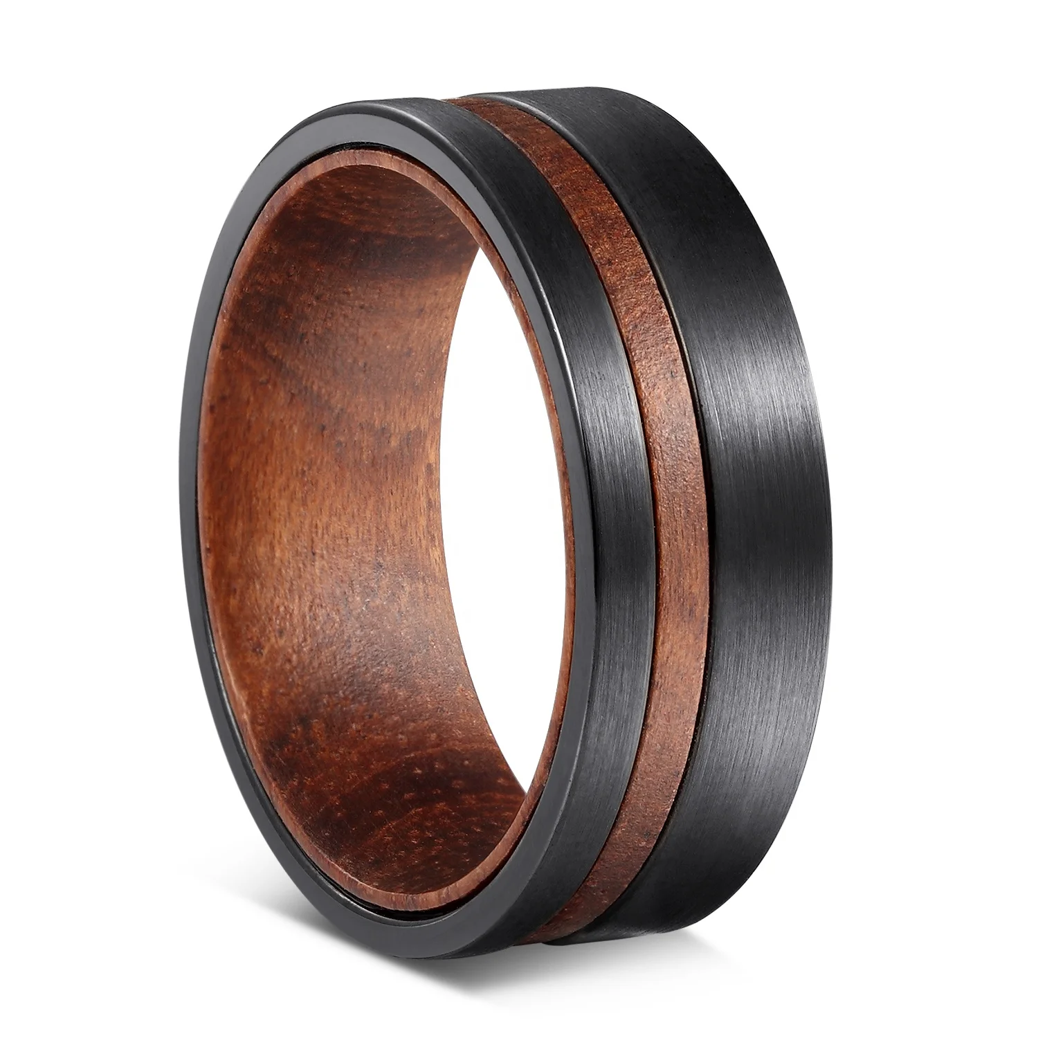 

R003 Mens Tungsten Carbide bands Black with red Rosewood Wood grain inlay flat 8mm wide wood wedding rings unique wholesale