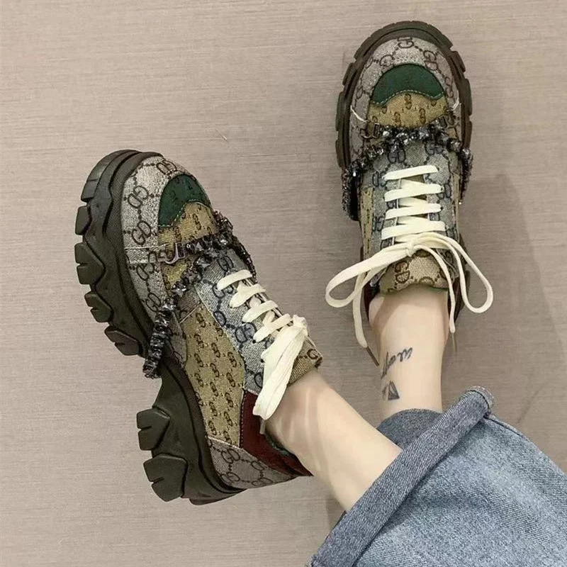 

Comfortable Chain Lace Up Walking Sport Shoes chunky Flats Casual Running Shoes Women Sneakers Outdoor Shoes, Red khaki