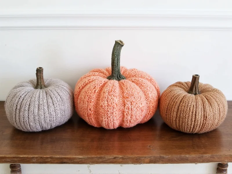 Three upcycled sweater pumpkins on rustic wooden table
