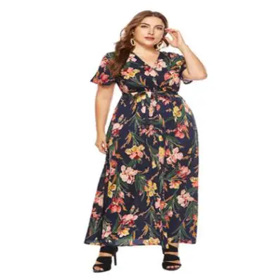 

Women Plus Size Floral Wrap Dress Plunging Neck Belted Casual Maxi Dress 2019 Summer Boho Beach Dress Vestidos De Festa, Pictures