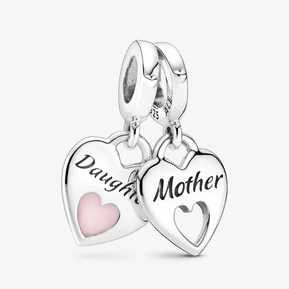 

925 sterling silver Mother&Daughter Double Heart Split Dangle Charm Fit pandora bracelet necklace pendant DIY jewelry 799187C01, Silver color