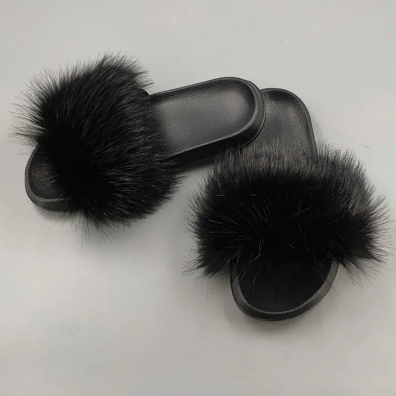 

Faux Fur New Fox Fur Slippers Flip Flops Women'S Outer Wear Plush Flat Slide Slipper