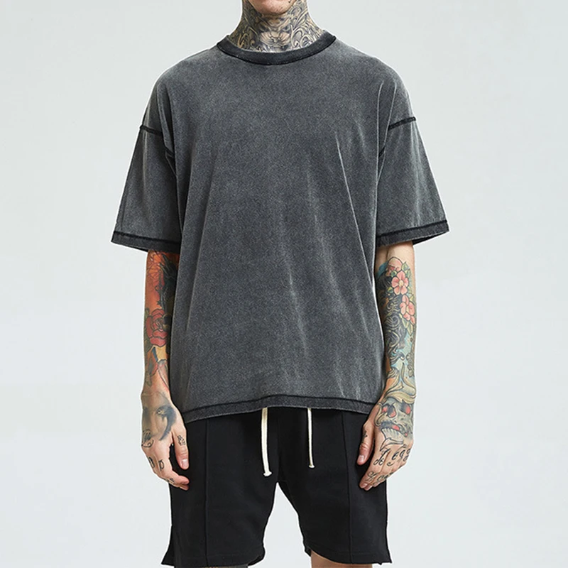 

vintage style plain Basic Acid stone washed Oversized Short Sleeve O Neck T-shirt For Men