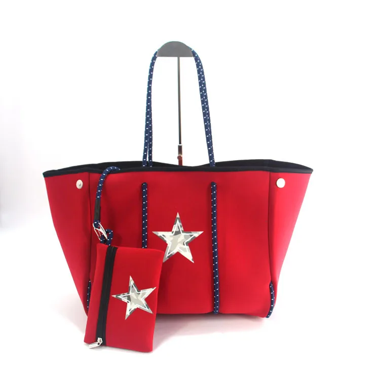 

2021 Neoprene Large capacity fashion colorful Printed portable 2 in 1 women Neoprene beach handbag