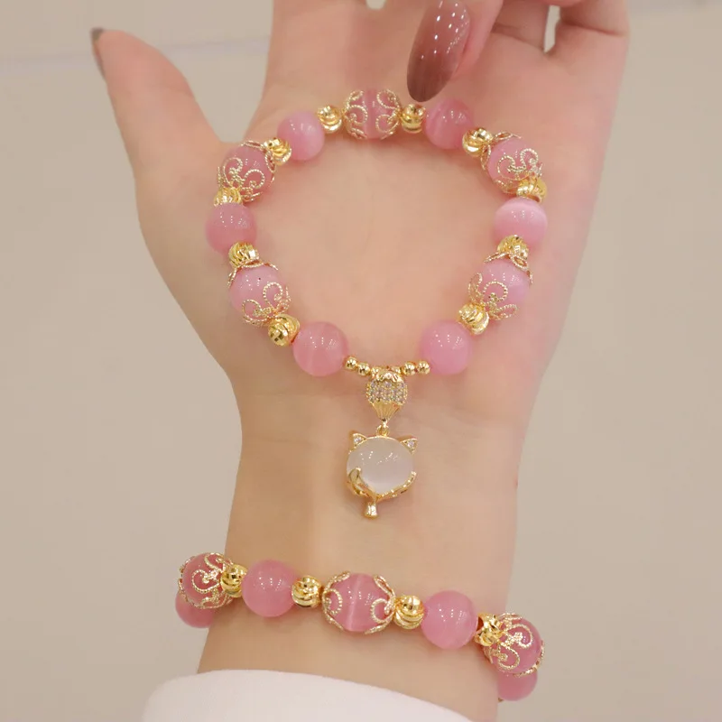 

HPXmas Hot Sale Pink Opal Fox Pendant Beaded Bracelet Simple Natural Cat's Eye Stone Crystal Charm Bracelet For Women Jewelry