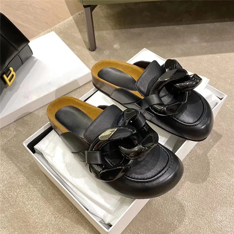 

gold chain shoes round head wrap half slipper female ashige same style thick soles wear Muller loafers