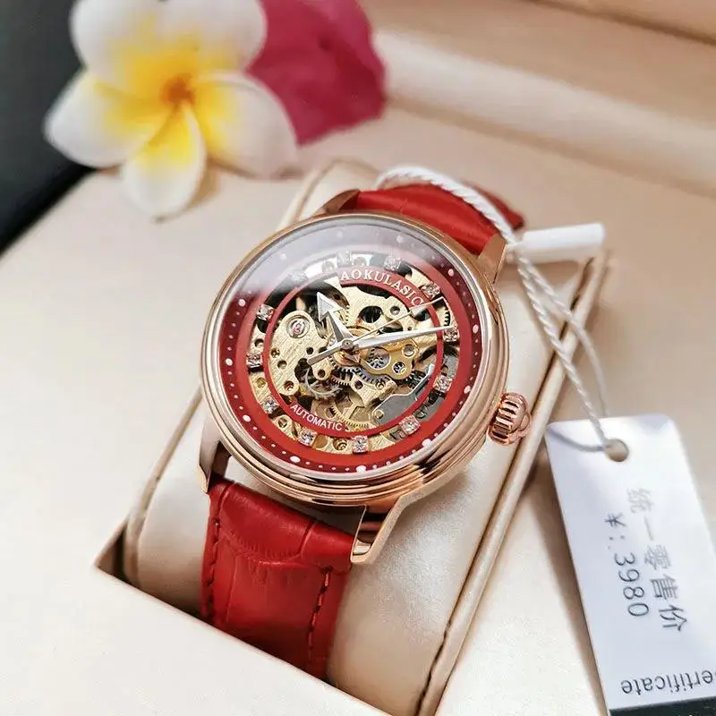 

Bling Diamond Wrist Watch Mechanical Reloj Genuine Leather Strap Skeleton Watch For Women Female Tourbillon Automatic Watches, 7 colors