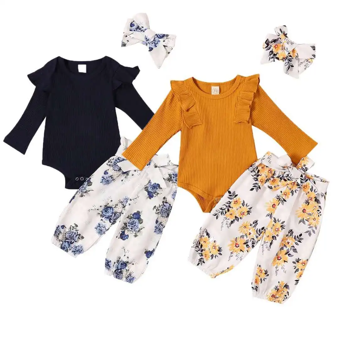 

KHA37 New arrival girl clothing sets solid tops+printed pants+hairband 3 pcs outfits trendy kids girl clothes outfit clothes