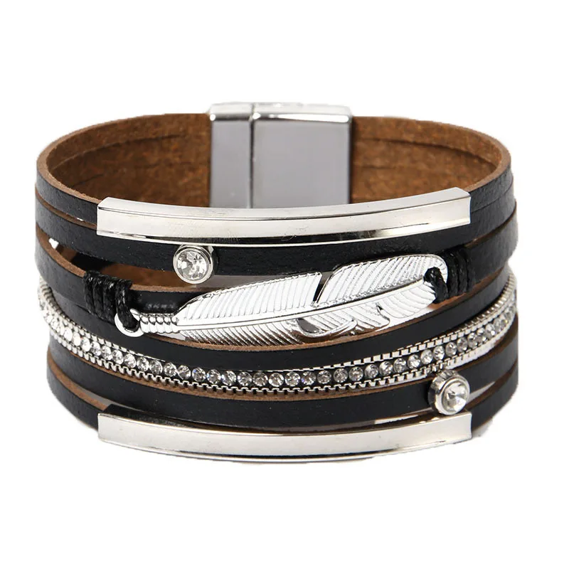 

DHJ00008 Factory Wholesale Fashion Multi Layer Leather Bracelet Women Magnetic Buckle Feather Bracelet