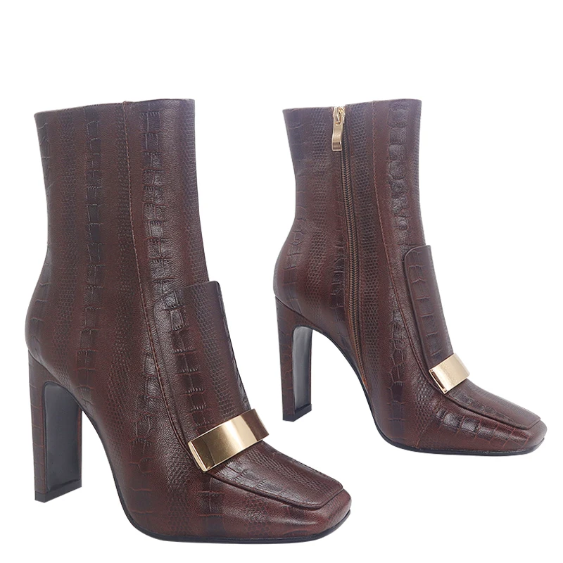 

Square Toes Winter Heels Real Leather Wome Boot Short Heel Cow Print Boots