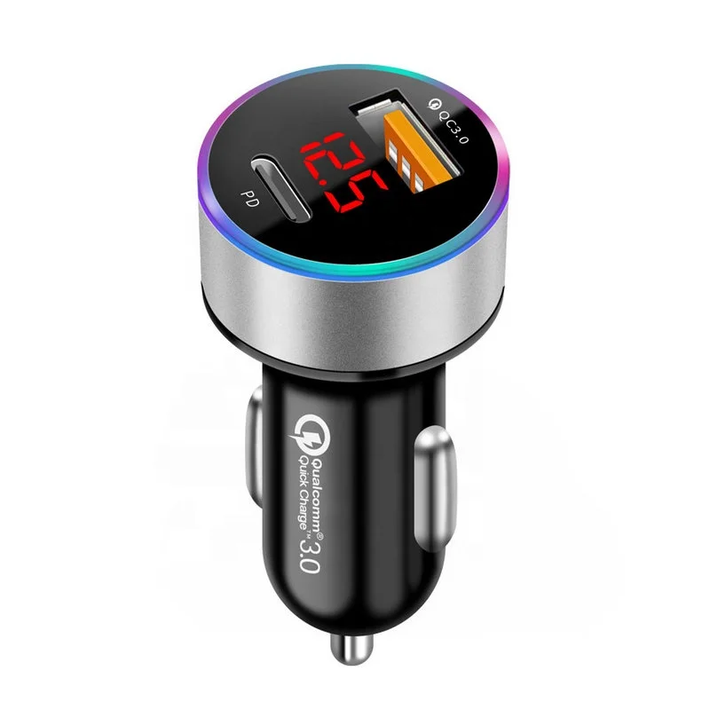 

Hot Sell 2 In 1 QC 3.0 + PD Quick Car Charging Electric 2 Ports Type C Car Phone Charger With LED Display For Mobile Phones, Black, silver, gold