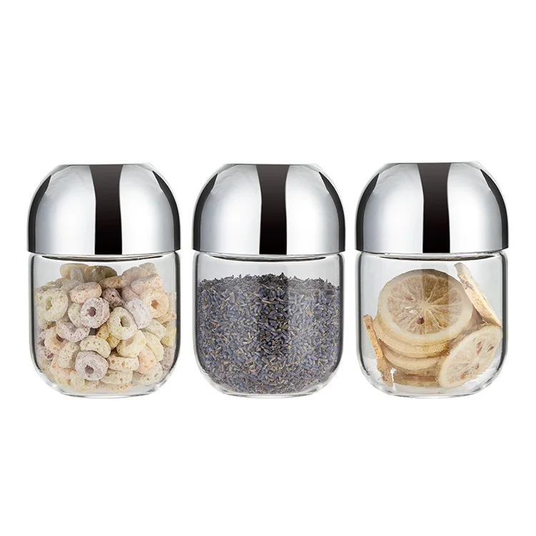 

Round Glass Kitchen Storage Canister Jars, Crystal Clear Food Storage Jars With Measuring Lid And Silicone Seal, Silver;gold;customized colors
