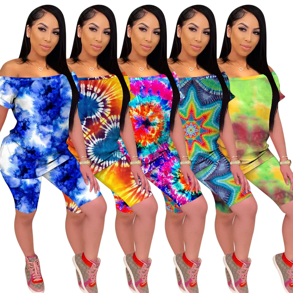 

summer two piece outfits for women 2021 casual tie dye printing short sleeve Strapless women two piece set