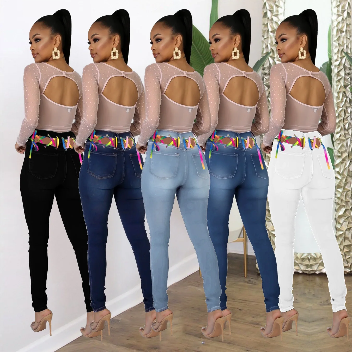 

J&H fashion chic colored string pants women denim leggings slim fit casual trousers, 5 color as picture