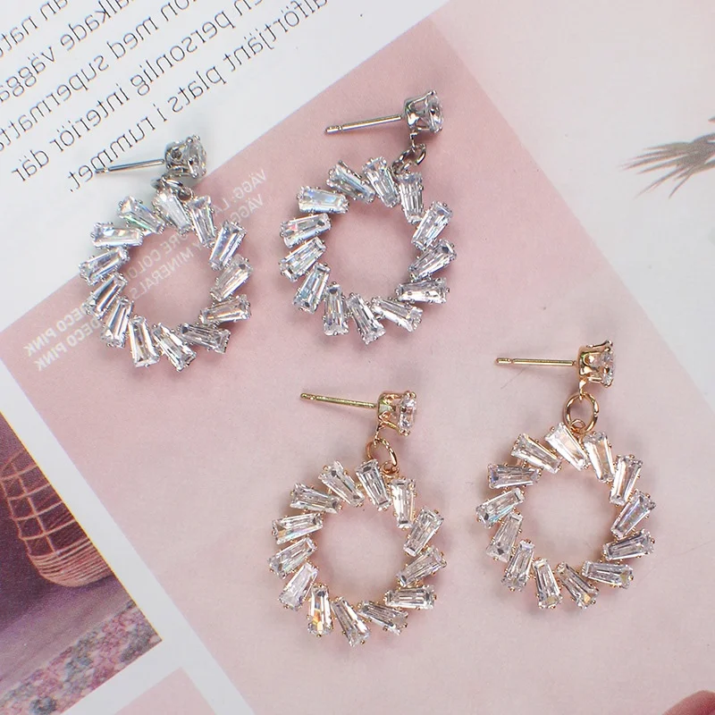 

Wholesale high quality silver needle round shape inlay cubic zirconia stud drop earrings for women jewelry, Silver/gold