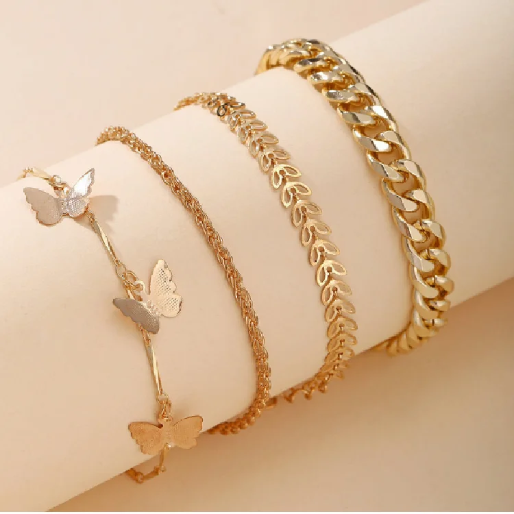 

Fashion anklets stainless steel Women Gold Silver Butterfly Metal Alloy Cuban Link Jewelry Anklet Foot Chain Set