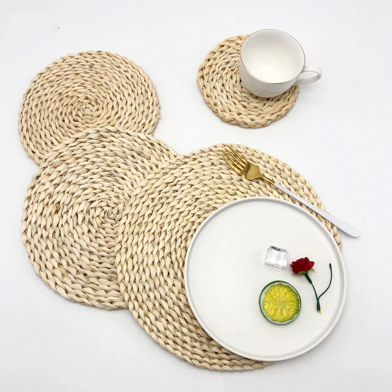 

Natural Boho Handmade Decorative Christmas Oval White Braided Macrame Straw Woven Rattan Cup Tea Coaster Scallop Placemat, Brown